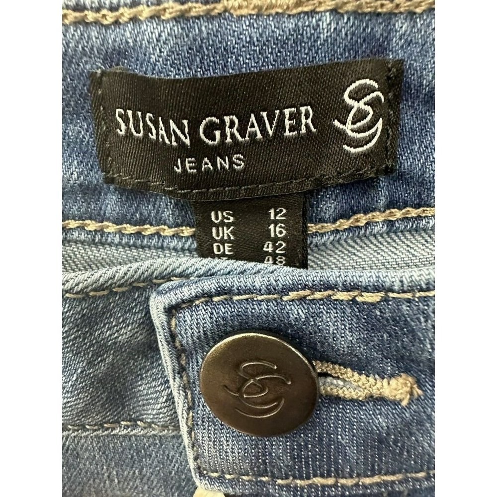 Susan Graver Regular High Stretch Denim Angled Hem Crop Jeans Pant Denim 2 Size - Picture 2 of 8